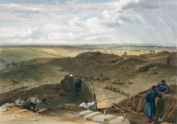 CRIMEAN WAR: SEVASTOPOL. French soldiers at the Russian fortification at Malakoff Hill, during the Siege of Sevastopol during the Crimean War, 1855. Lithograph by William Simpson, 1856.  Copyright: xGRANGERx xGRANGERx 0636109