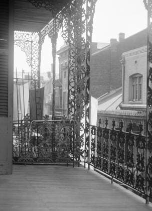 NEW ORLEANS: WROUGHT IRON. Upper level balconies with wrought iron on St. Peter Street in New Orleans, Louisiana. Photograph by Arnold Genthe, c1923.  Copyright: xGRANGERx xGRANGERx 0636690