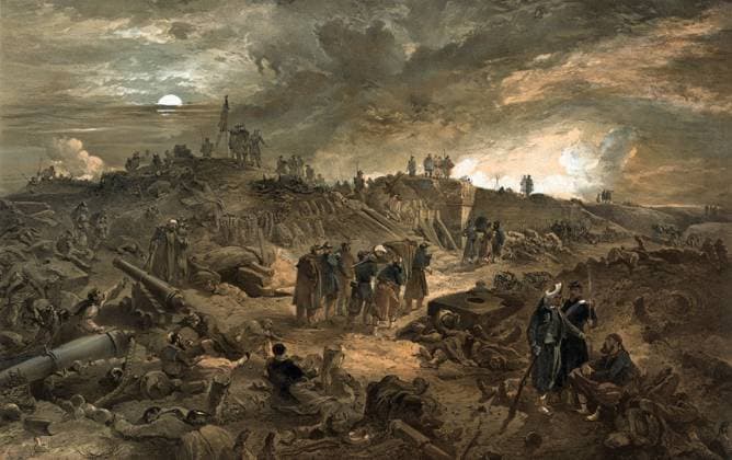 CRIMEAN WAR: SEVASTOPOL. Interior of the Russian Malakoff fortification after the successful French assault at the Siege of Sevastopol during the Crimean War, 8 September 1855. Lithograph by William Simpson, 1856.  Copyright: xGRANGERx xGRANGERx 0636780