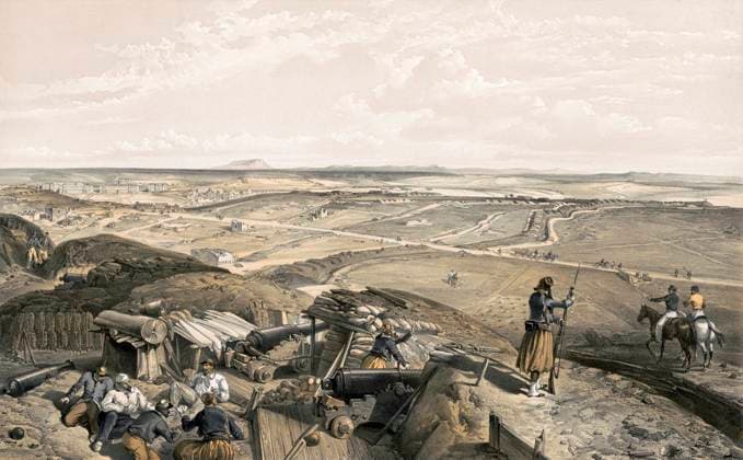 CRIMEAN WAR: SEVASTOPOL. Battery and trenches at the Bastion du Mât, a French redoubt at the left of the British lines at Sevastopol during the Crimean War. Lithograph by William Simpson, 1856.  Copyright: xGRANGERx xGRANGERx 0636999
