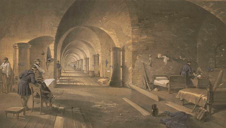 CRIMEAN WAR: FORT NICHOLAS. Interior of the Russian Fort Nicholas, which defended Sebastopol harbor during the Crimean War. Lithograph by William Simpson, 1856.  Copyright: xGRANGERx xGRANGERx 0637001