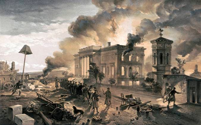 CRIMEAN WAR: SEVASTOPOL. Destruction of the public library and the Temple of the Winds following the Russian evacuation of Sevastopol, 8 September 1855. Lithograph by William Simpson, 1856.  Copyright: xGRANGERx xGRANGERx 0637002