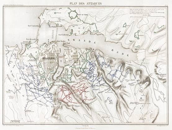CRIMEAN WAR: SEVASTOPOL. Map showing Sevastopol, showing the harbor, Russian fortifications and lines of defense, as well as French (blue) and British (red) lines of attack, during the Siege of Sevastopol during the Crimean War, 1855-1856. French etching by Charles Alexandre Fay, 1867.  Copyright: xGRANGERx xGRANGERx 0637020