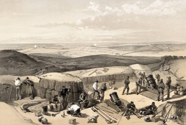 CRIMEAN WAR: SEVASTOPOL. Mortar battery under British Major Charles Godron at the Siege of Sevastopol during the Crimean War, 1855. English lithograph by William Simpson, 1855.  Copyright: xGRANGERx xGRANGERx 0637035