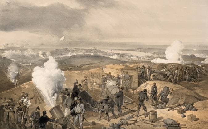 CRIMEAN WAR: ARTILLERY. Cannons and mortars being loaded and fired while wounded soldiers are carried away, at a British artillery battery at the Siege of Sevastopol during the Crimean War, 1855. Contemporary English lithograph by William Simpson.  Copyright: xGRANGERx xGRANGERx 0637036