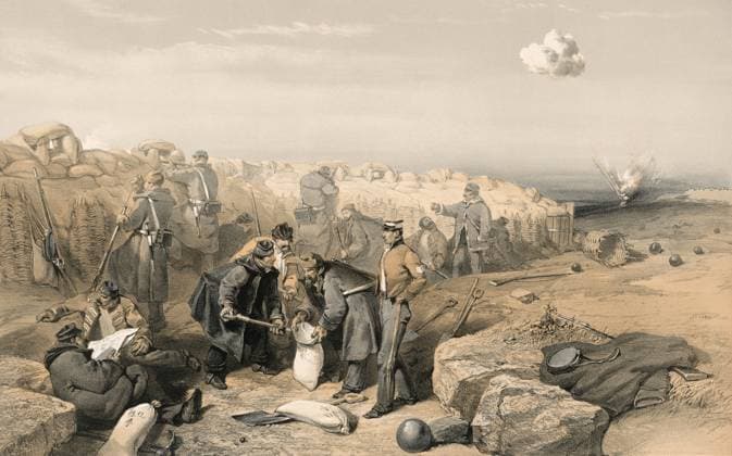 CRIMEAN WAR: SEVASTOPOL. Soldiers filling sand bags and firing at enemy toops at the mortar battery under British Major Charles Godron at the Siege of Sevastopol during the Crimean War, 1855. English lithograph by William Simpson, 1855.  Copyright: xGRANGERx xGRANGERx 0637040