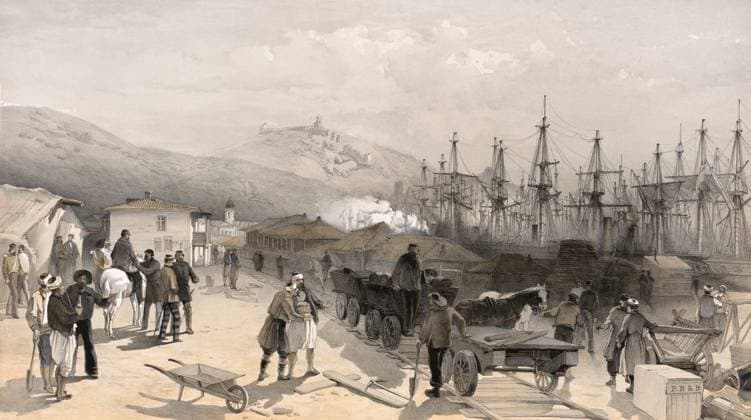 CRIMEAN WAR: BALAKLAVA. Supplies from British ships are transferred to the railway in the harbor of Balaklava on the Crimean peninsula, in 1854 or 1855. Contemporary English lithograph by William Simpson.  Copyright: xGRANGERx xGRANGERx 0637059