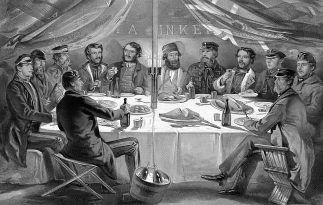 CRIMEAN WAR: OFFICERS. British officers enjoy their Christmas dinner in the hills above Sevastopol during the year-long siege of that city by British and French troops, 1854-1855, in the Crimean War. Contemporary lithograph, English, by William Simpson.  Copyright: xGRANGERx xGRANGERx 0637060