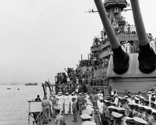 JAPANESE SURRENDER, 1945. Japanese Foreign Minister Mamoru Shigemitsu boarding the USS Missouri for the surrender ceremonies in Tokyo Bay, Japan. Photograph, 2 September 1945.  Copyright: xGRANGERx xGRANGERx 0644759