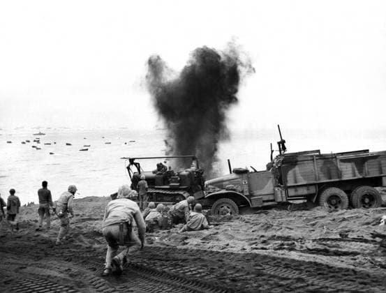 WWII: IWO JIMA, 1945. American Marines detonating a mine placed by Japanese defenders during the Battle of Iwo Jima. Photograph from the United States Marine Corps, February 1945.  Copyright: xGRANGERx xGRANGERx 0644938