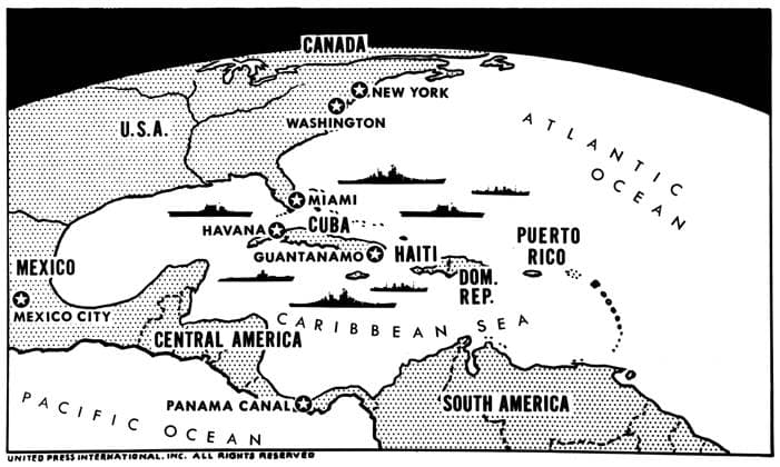 CUBAN MISSILE CRISIS, 1962. News map illustrating the U.S. naval blockade of Cuba, 1962.  Copyright: xGRANGERx xGRANGERx 0646099