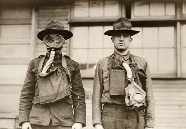 WWI: GAS MASK, 1918. American soldiers showing types of gas masks, at Camp Sherman in Chillicothe, Ohio. Photograph, 1918.  Copyright: xGRANGERx xGRANGERx 0646176