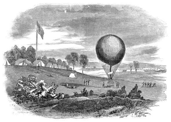CIVIL WAR: BALLOON, 1861. Men preparing a reconnaissance balloon for a flight at the camp of Union general Irvin McDowell. Engraving after Ed. Pietsch, from Harper s Weekly, 1861.  Copyright: xGRANGERx xGRANGERx 0652072