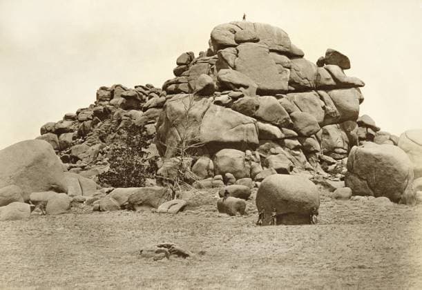 WYOMING: SKULL ROCK, 1869. Men exploring the boulder formation, Skull Rock, Sherman Station in the Laramie Mountains of Wyoming. Photograph by Andrew Joseph Russell, 1869.  Copyright: xGRANGERx xGRANGERx 0652881
