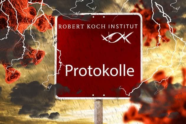 28 March 2024: Themed picture of blackened RKI protocols (Robert Koch Institute) of the corona pandemic around the clarification of the corona time, or Covid-19 measures. Sign in front of black clouds, thunderstorms and rain and viruses. PHOTOMONTAGE *** Themenbild zu geschwärzten RKI Protokolle (Robert Koch Institut) der Coronapandemie um die Aufklärung der Corona-Zeit, bzw. Covid-19 Maßnahmen. Schild vor schwarzen Wolken, Gewitter und Regen und Viren. FOTOMONTAGE