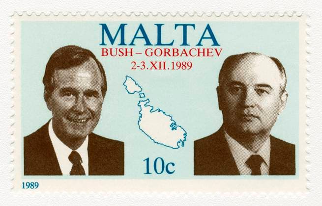 BUSH AND GORBACHEV, 1989. U.S. postage stamp of Mikhail Gorbachev and George H.W. Bush, commemorating the joint press conference in Malta, 1989.  Copyright: xGRANGERx xGRANGERx 1033436
