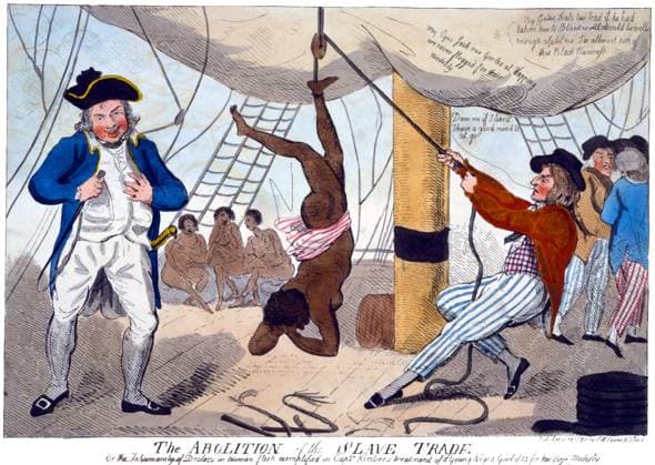 England UK: The abolition of the slave trade Or the inhumanity of dealers in human flesh exemplified in Captn. Kimber s treatment of a young Negro girl of 15 for her virjen sic modesty . Print published by S.W Fores, London, April 10, 1792 The print shows an alleged incident of an enslaved African girl whipped to death for refusing to dance naked on the deck of the slave ship Recovery, a slaver owned by Bristol merchants. Captain John Kimber stands on the left with a whip in his hand.<br ><br > Captain John Kimber was denounced before the House of Commons by William Wilberforce over the incident. In response to outrage by abolitionists, Captain Kimber was brought up on charges before the High Court of Admiralty in June 1792, but acqui Copyright: xxPicturesxFromxHistoryx
