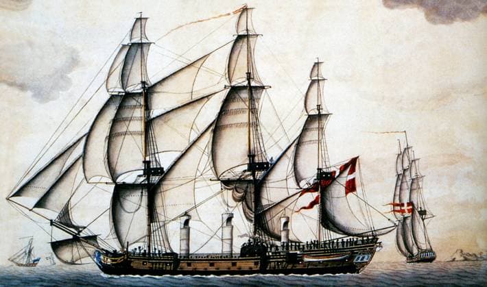 Denmark: The Danish slave ship Fredensborg with three funnels to carry air to the slave holds, c. 1760 The Fredensborg was a frigate built in Copenhagen in 1752 or 1753. She was named Cron Prindz Christian after the prince who was to become king Christian VII of Denmark and Norway, and was fitted out as a slave ship. After an unsuccessful stint in the triangular trade, her operational area was limited to the Caribbean, where she sailed as a trader until 1756.<br ><br > The ship was then purchased by another Danish company and renamed Fredensborg after one of the Danish-Norwegian trading stations on the African Gold Coast. On December 1, 1768 Fredensborg sank in a storm off Tromoy in Arendal, Norway. The wreck was discovered by divers in S Copyright: xxPicturesxFromxHistoryx