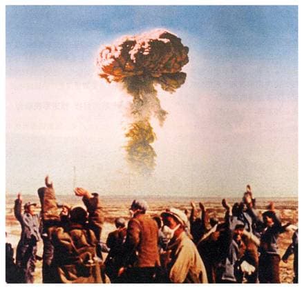 China: Workers and technicians at the Lop Nur Nuclear Weapons Test Base, Xinjiang, celebrate China s first nuclear bomb explosion, October 16, 1964 China established the Lop Nur Nuclear Test Base on 16 October 1959 with Soviet assistance in selection of the site, with its headquarters at Malan, about 125 km (78 mi) northwest of Qinggir.<br ><br > The first Chinese nuclear bomb test, codenamed 596 , was tested at Lop Nur in 1964. The PRC detonated its first hydrogen bomb on June 17, 1967. Until 1996, 45 nuclear tests were conducted. Copyright: xxPicturesxFromxHistoryx