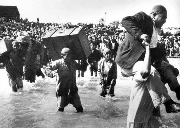 Israel Palestine: Palestinians driven from their homes and fleeing via the sea at Acre by Israeli forces, 1948 The 1948 Palestinian exodus, known in Arabic as the Nakba (Arabic: an-Nakbah, lit. catastrophe ), occurred when more than 700,000 Palestinian Arabs fled or were expelled from their homes, during the 1947 1948 Civil War in Mandatory Palestine and the 1948 Arab Israeli War.<br ><br > The exact number of refugees is a matter of dispute, but around 80 percent of the Arab inhabitants of what became Israel (50 percent of the Arab total of Mandatory Palestine) left or were expelled from their homes.<br ><br > Later in the war, Palestinians were forcibly expelled as part of Plan Dalet in a policy of ethnic cleansing . Copyright: xxPicturesxFromxHistoryx