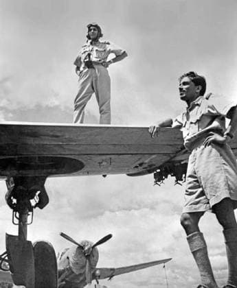 Burma Myanmar India: Two Indian Air Force pilots pose with their US-built Vultee A-31 Vengeance dive bombers at an air base from where they attacked the Japanese during the Burma Campaign. Assam, December 1943 During the war, the IAF played an instrumental role in blocking the advance of the Japanese Army in Burma where its first air strike was on the Japanese military base in Arakan.<br ><br > It also carried out strike missions against the Japanese airbases at Mae Hong Son, Chiang Mai and Chiang Rai in northern Thailand. Copyright: xxPicturesxFromxHistoryx