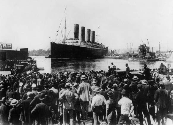 The RMS Lusitania, British ocean liner, leaving New York for its last travel (it s going to be torpedoed by Germans near irish coasts on May 7, 1915) 1700476 The RMS Lusitania, British ocean liner, leaving New York for its last travel (it s going to be torpedoed by Germans near irish coasts on May 7, 1915) by Unknown photographer, (20th century); (add.info.: The RMS Lusitania, British ocean liner, leaving New York for its last travel (it s going to be torpedoed by Germans near irish coasts on may 7, 1915)). Copyright: xBridgemanxImagesx 1700476