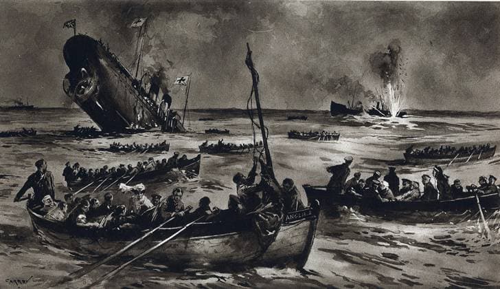 First World War (1914-1918): The English liner Lusitania (Cunard Line) sinking after the explosion of the torpedo sent by a German submarine on 7 May 1915. XEE4168027 First World War (1914-1918): The English liner Lusitania (Cunard Line) sinking after the explosion of the torpedo sent by a German submarine on 7 May 1915. by Unknown Artist, (20th century); Private Collection; (add.info.: First World War (1914-1918): The English liner Lusitania (Cunard Line) sinking after the explosion of the torpedo sent by a German submarine on 7 May 1915.); Stefano Bianchetti. Copyright: xStefanoxBianchettix xBridgemanxImagesx 4168027