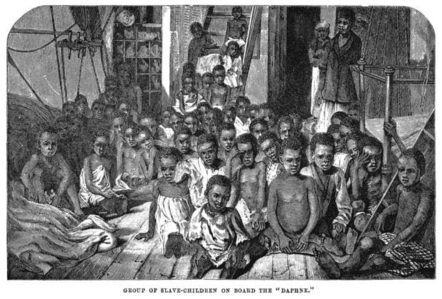 Tanzania Zanzibar: Group of Slave-Children on Board the Daphne , George Sullivan, 1869 These children are some of the ninety-five who were rescued from slavery by a British ship (the Daphne) patrolling the waters off Zanzibar in 1869.<br ><br > After Parliament abolished the slave trade, ships of the Royal Navy were assigned to intercept slavers and free the human cargo on board.<br ><br > While this engraving, based on a photograph by George Sullivan, depicts conditions along Africa s eastern shore, the same situation existed on the Atlantic side. Copyright: xxPicturesxFromxHistoryx