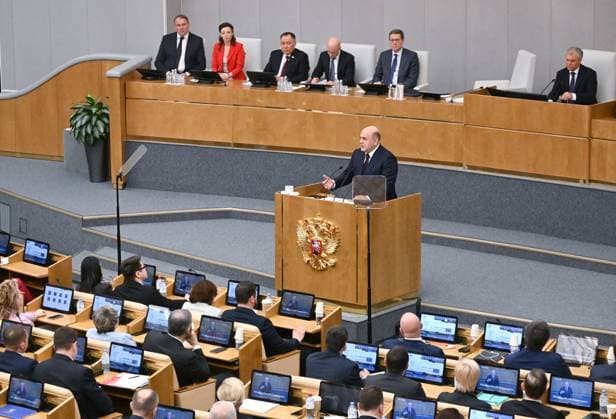 News Themen der Woche KW14 News Bilder des Tages Russia Mishustin Government Report 8654578 03.04.2024 Russian Prime Minister Mikhail Mishustin presents the government s annual report at a session of the State Duma, the country s lower house of parliament, in Moscow, Russia. Vladimir Fedorenko Sputnik Moscow Russia  Copyright: xVladimirxFedorenkox