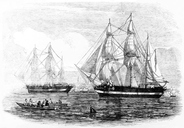 UK Canada: The HMS Erebus and HMS Terror leave England for the Northwest Passage, never to return. Anonymous engraving, 1845 Franklin disappeared on his last expedition, attempting to chart and navigate a section of the Northwest Passage in the Canadian Arctic. The icebound ships were abandoned and the entire crew perished from starvation, hypothermia, tuberculosis, lead poisoning and scurvy.<br ><br > In September 2014, the Prime Minister of Canada, Stephen Harper, announced that the wreck of HMS Erebus, one of the two ships from Franklin s final voyage, had been rediscovered.<br ><br > On 12 September 2016, it was announced that the Arctic Research Foundation expedition had found the wreck of HMS Terror south of King William Island in Copyright: xxPicturesxFromxHistoryx