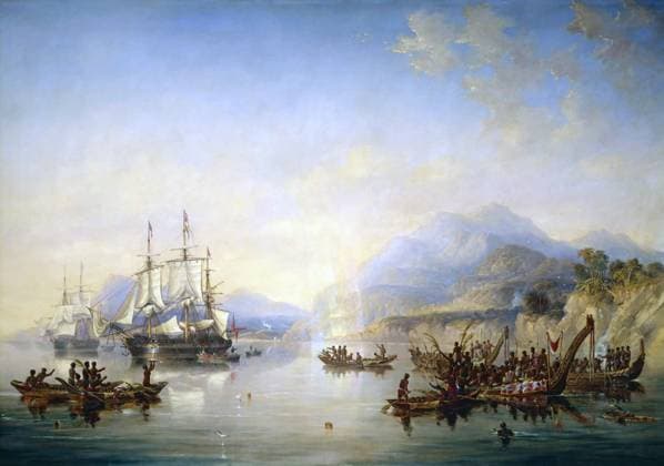 UK New Zealand: Erebus and Terror in New Zealand, August 1841 , Ross Expedition, oil on canvas, John Wilson Carmichael (1800-1868), c. 1847 The Ross expedition was a voyage of scientific exploration of the Antarctic in 1839 to 1843, led by James Clark Ross, with two unusually strong warships, HMS Erebus and HMS Terror. It explored what is now called the Ross Sea and discovered the Ross Ice Shelf. On the expedition, Ross discovered the Transantarctic Mountains and the volcanoes Erebus and Terror, named after his ships. The young botanist Joseph Dalton Hooker made his name on the expedition.<br ><br > The expedition inferred the position of the South Magnetic Pole, and made substantial observations of the zoology and botany of the region, Copyright: xxPicturesxFromxHistoryx