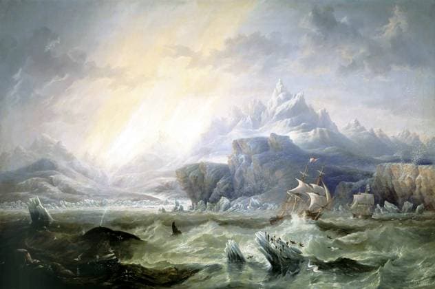 UK Antarctica: Erebus and Terror in the Antarctic, August 1841 , Ross Expedition, oil on canvas, John Wilson Carmichael (1800-1868), 1847 The Ross expedition was a voyage of scientific exploration of the Antarctic in 1839 to 1843, led by James Clark Ross, with two unusually strong warships, HMS Erebus and HMS Terror. It explored what is now called the Ross Sea and discovered the Ross Ice Shelf. On the expedition, Ross discovered the Transantarctic Mountains and the volcanoes Erebus and Terror, named after his ships. The young botanist Joseph Dalton Hooker made his name on the expedition.<br ><br > The expedition inferred the position of the South Magnetic Pole, and made substantial observations of the zoology and botany of the region, r Copyright: xxPicturesxFromxHistoryx
