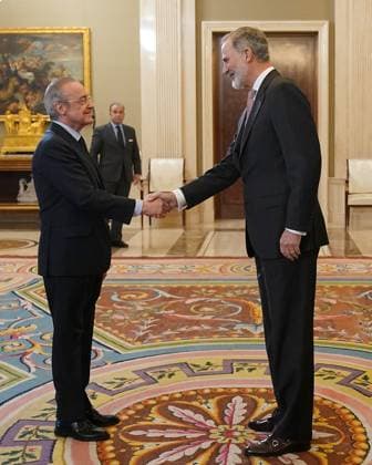 König Felipe empfängt die Basketball-Mannschaft von Real Madrid King Felipe VI of Spain with Florentino Perez during the audience with the members of the Real Madrid basketball team, champion of the 88th edition of the ˜Copa del Rey™. April 3,2024. (2024040309)