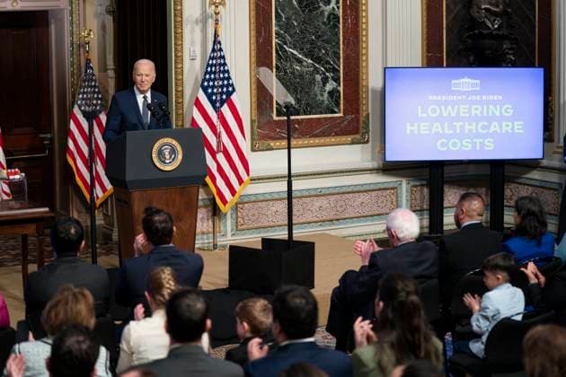 United States President Joe Biden speaks on lowering healthcare costs during an event in the Indian Treaty Room in the Eisenhower Executive Office Building on the White House Campus in Washington, DC on Wednesday, April 3, 2024. Copyright: xBonniexCashx xPoolxviaxCNPx MediaPunchx