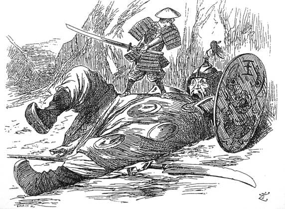 Britain: Satirical drawing depicting small Japan s 1894-5 victory over large China by the magazine Punch, 28 September 1894 The First Sino-Japanese War (1 August 1894 - 17 April 1895) was waged beween the Qing Dynasty and the Japanese Empire, primarily over control of the Korean peninsula. In China, the war is commonly known as the War of Jiawu, while in Japan it is called the Japan-Qing War, and in Korea, the Qing-Japan War.<br ><br > The war lasted 8 months altogether, and saw more than six months of unbroken victories and success by the Japanese land and naval forces against the numerically superior but militarily inferior Chinese army. The Japanese eventually took over the Chinese port city of Weihaiwei and forced the Qing governme Copyright: xxPicturesxFromxHistoryx