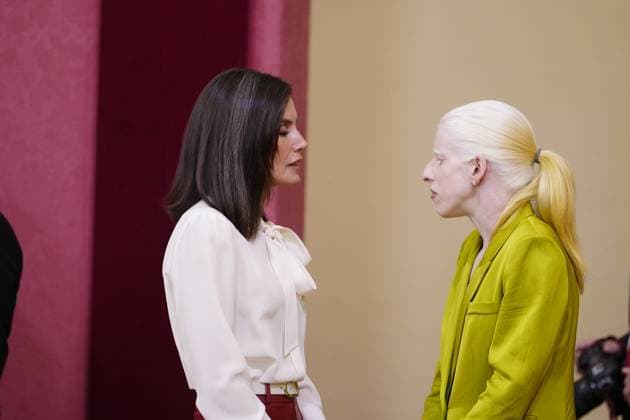 05-04-2024 Madrid Queen Letizia with Susana Rodriguez, born with albinism, five-time world champion in paratriathlon and a Paralympic gold medalist in paratriathlon attend the 2022 national sports awards at the El Pardo palace in Madrid. No Spain Â  Copyright: xPPEx