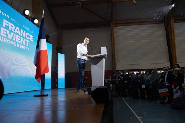 Jordan Bardella Meeting - Lecluse French far-right Rassemblement National (RN) party President and RN top candidate for the European elections Jordan Bardella speech during his meeting as part of the RN European legislative campaign, in Lecluse, France, 06 April 2024. Photo by SÃ bastien Courdji ABACAPRESS.COM Lecluse France  Copyright: xCourdjixSebastien ABACAx