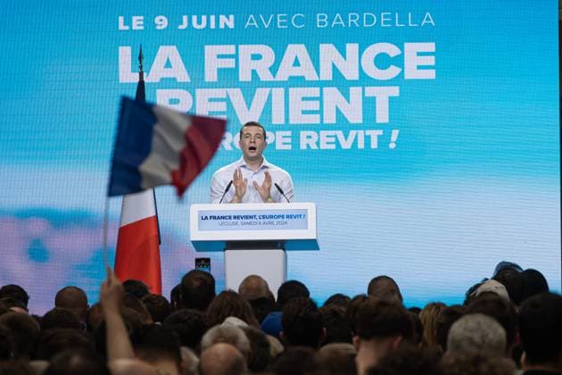 Jordan Bardella Meeting - Lecluse French far-right Rassemblement National (RN) party President and RN top candidate for the European elections Jordan Bardella speech during his meeting as part of the RN European legislative campaign, in Lecluse, France, 06 April 2024. Photo by SÃ bastien Courdji ABACAPRESS.COM Lecluse France  Copyright: xCourdjixSebastien ABACAx