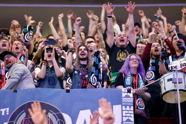 Fans of Eintracht Spandau at the Baller League Final Four in the PSD Bank Dome Düsseldorf Düsseldorf, 08 04 2024 NRW Germany Copyright: xChristophxHardtx