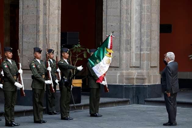 April 10, 2024 in Mexico City, Mexico: The president of Mexico, Andres Manuel Lopez Obrador ssalute the military during the ceremony for the 105th Death Anniversary of Emiliano Zapata, held in the Patio of Honor of the National Palace. Mexico City Mexico - ZUMAe321 20240410_zia_e321_034 Copyright: xLuisxBarronx