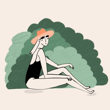 Illustration of a serene woman lounging with a trendy hat, showing summer vibes against a brush-stroked backdrop. Model Released BrendaFebus_ID20840_614765_003 Copyright: xBrendaxFebusx RECORD DATE NOT STATED