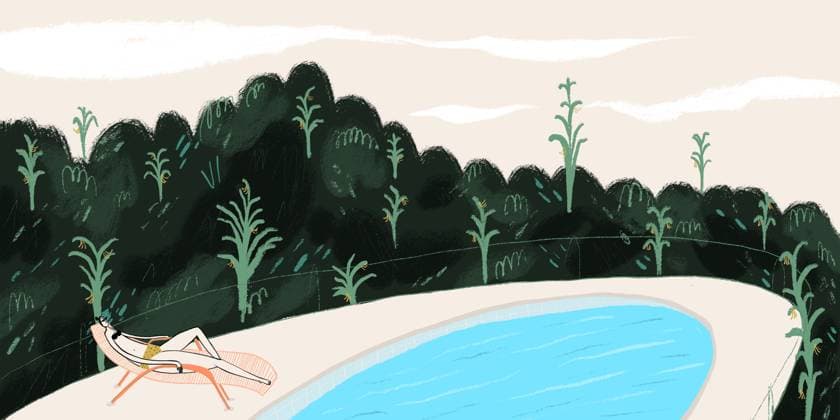 A serene illustration of a person lounging by a pool surrounded by lush foliage, evoking a sense of calm and leisure. Model Released BrendaFebus_ID20840_614770_008 Copyright: xBrendaxFebusx RECORD DATE NOT STATED