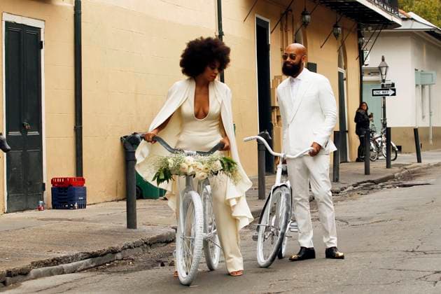 Solange Knowles and very soon to be husband Alan Ferguson arrive on bicycle to their wedding in New Orleans, where the couple, both clad in white posed for photos before making their way into the ceremony 129209, Solange Knowles and very soon to be husband Alan Ferguson arrive on bicycle to their wedding in New Orleans, where the couple, both clad in white posed for photos before making their way into the ceremony. New Orleans, Louisiana - Sunday November 16, 2014., Credit:PacificCoastNews Avalon USA, New Orleans  Copyright: xPacificCoastNewsx xAvalonx 0531140887