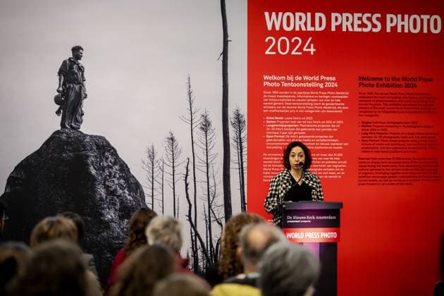 AMSTERDAM - Joumana El Zein Khoury (director of the World Press Photo Contest) during the announcement of the winners of the World Press Photo in the Nieuwe Kerk in Amsterdam. It is one of the most prestigious awards for photojournalists. ANP ROBIN VAN LONKHUIJSEN netherlands out - belgium out  Copyright: xx x496310345x originalFilename: 496310345.jpg