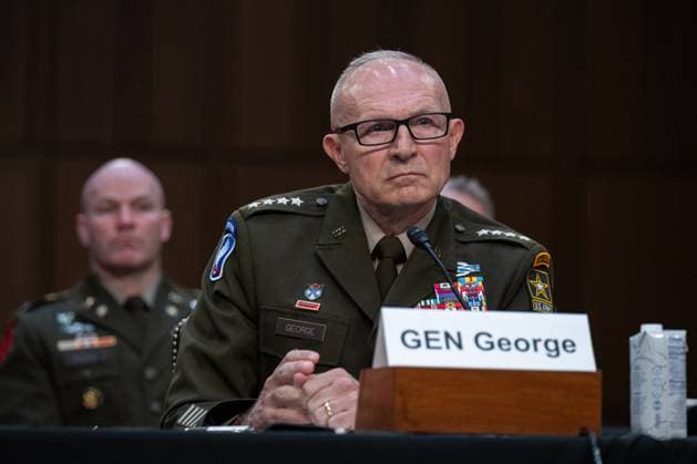 Senate Armed Services Committee Hearing - Washington Chief of Staff of the Army General Randy George at a Senate Armed Services Committee hearing to examine the posture of the Department of the Army in review of the Defense Authorization Request for Fiscal Year 2025 and the Future Years Defense Program in the Hart Senate office building in Washington, DC, USA on Thursday, April 18, 2024. Photo by Annabelle Gordon CNP ABACAPRESS.COM Washington DC United States  Copyright: xGordonxAnnabelle CNP ABACAx