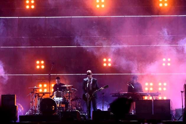 April 20, 2024, Mexico City, Mexico City, Mexico: The American Rock band Interpol during their concert at the ZoÂ³calo in Mexico City, this Saturday..The Head of Government of Mexico City, Marti Batres Guadarrama, reported that the New York alternative rock band Interpol brought together 160 thousand attendees this Saturday, April 20, at the free concert in the capital s Zocalo. Mexico City Mexico - ZUMAn296 20240420_zip_n296_006 Copyright: xJorgexNunezx