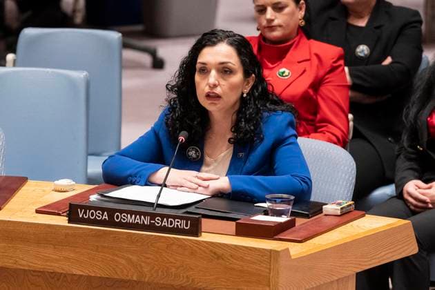 News Themen der Woche KW17 News Bilder des Tages April 22, 2024, New York, New York, United States: Vjosa Osmani-Sadriu, President of Kosovo speaks during UNSC meeting on situation in Kosovo at UN Headquarters in New York on April 22, 2024 New York United States - ZUMAr339 20240422_znp_r339_011 Copyright: xLevxRadinx