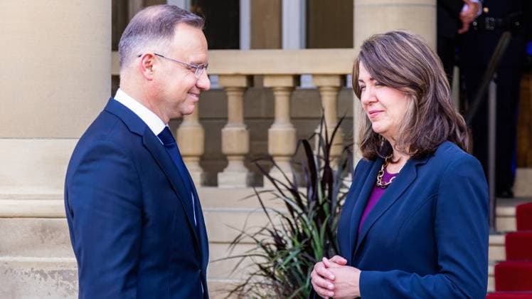 April 22, 2024, Edmonton, Alberta, Canada: The Alberta Premier Danielle Smith (R) greets the President of Poland Andrzej Duda (L) at the front door of Government House during his visit. Edmonton Canada - ZUMAs197 20240422_aaa_s197_270 Copyright: xRonxPalmerx
