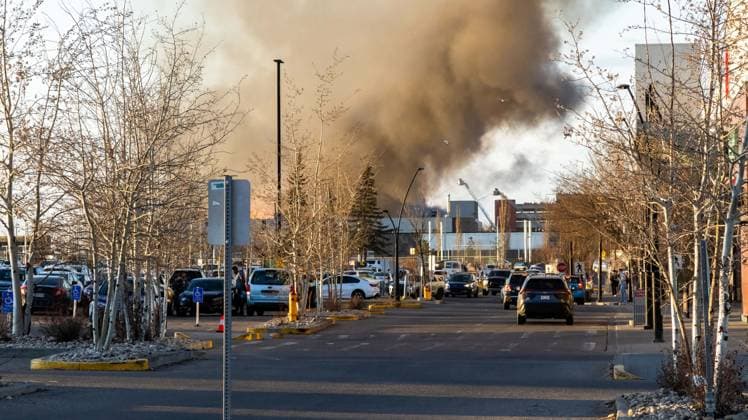 April 22, 2024, Edmonton, Alberta, Canada: A 5 alarm fire which destroyed a historic WWII air hangar only a few blocks from a busy Edmonton Mall. ..Location: Blatchford Airfield, Edmonton, AB, Canada - April 22, 2024 The Hangar which was built in 1942 was declared a historical building of significance for its part in the shipment of Equipment, Troops and aircraft for the US Forces on route to Russia. The cause of the fire is currently under investigation and no word yet regarding estimated damages. Edmonton Canada - ZUMAs197 20240422_aaa_s197_310 Copyright: xRonxPalmerx