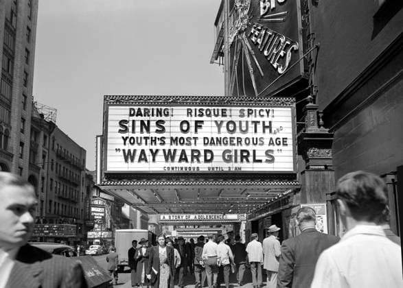 Street scene and risque movie marquee, 42nd Street, New York City, New York, USA, Marjory Collins, U.S. Office of War Information  Copyright: xCircaxImagesx ghi-circa12488